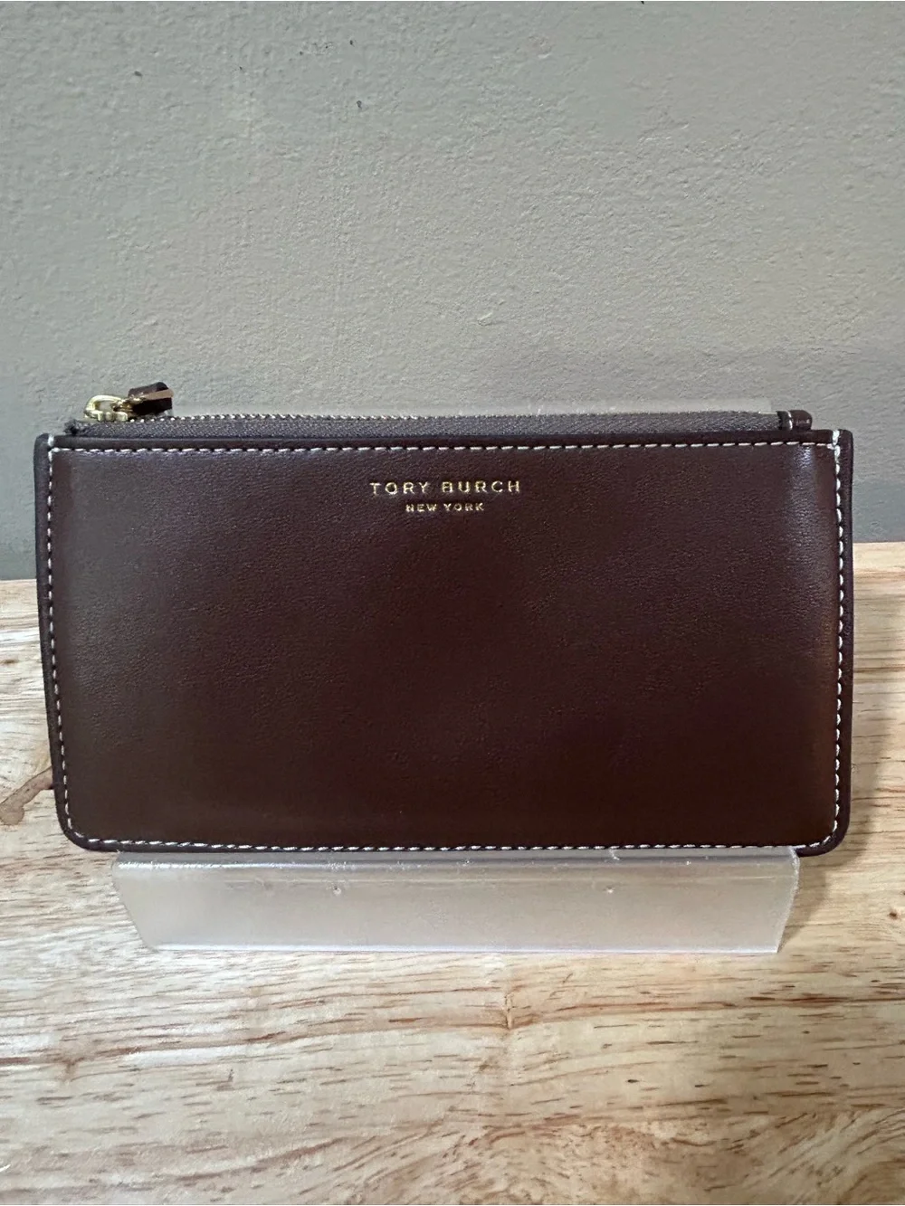 Tory Burch Dark Brown Leather Zip Card Case with Gold Logo
